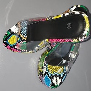 Multi-Colored Snake Print Wedges w/Clear Strap